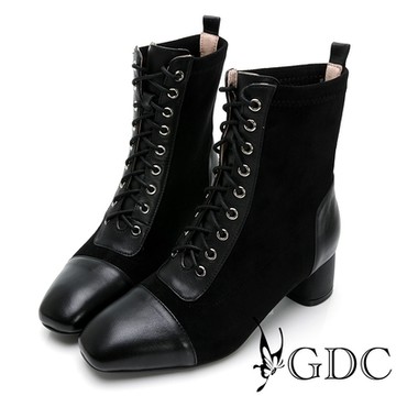 GDC-義式風情真皮拼接綁帶氣質短靴-黑色