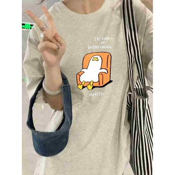 【董小姐】100%純棉短袖 圓領上衣 可愛印花上衣 寬鬆顯瘦上衣 大學T 無性別穿搭 日韓版上衣 oversize情侶裝