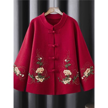 媽媽裝針織羊毛開衫中老年繡花上衣服喜婆婆中式復古喜慶禮服外套