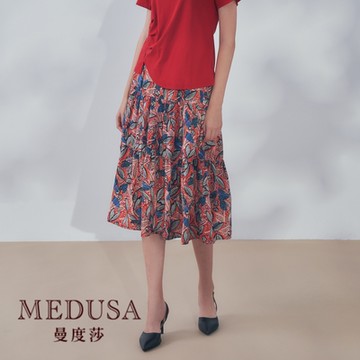 現貨【MEDUSA 曼度莎】台灣製 紅色花葉印花雪紡長裙（M-XL）｜女長裙 雪紡長裙 鬆緊腰頭