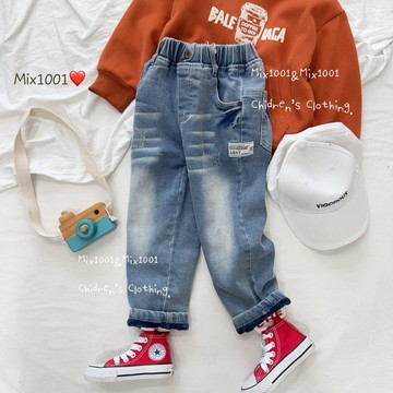 🌈✨mix1001（ 偏大版）厚🔥軟布加絨 2008復古標籤牛仔褲✨兒童割破造型刷毛牛仔褲 5-17