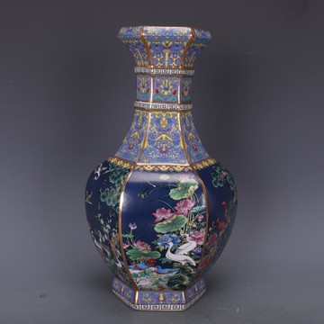 清乾隆琺瑯彩花鳥六方賞瓶仿古工藝瓷器家居中式擺件古董古玩收藏1入