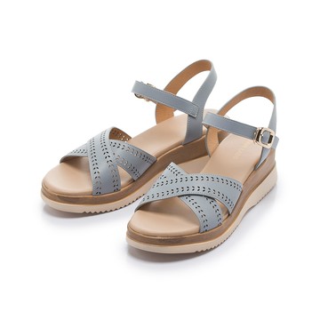 芯太軟 沁涼鏤空交叉帶楔形涼鞋 藍 (2E3020)