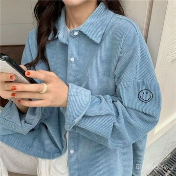多色可選 刺繡笑臉襯衫 襯衫女 春秋襯衫 上衣女 外套女 韓版外衣 燈芯絨上衣 寬鬆長袖上衣 休閒外套襯衣 polo衫