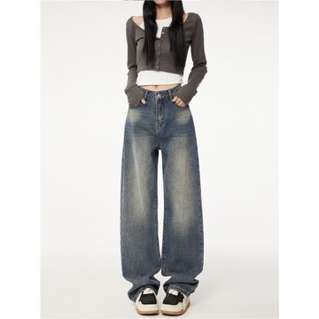 ZAZN美式復古做舊闊腿褲女秋冬新款高腰顯瘦懷舊洗水經典牛仔褲女