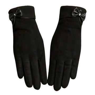 WOONUE 女士超高質感可觸控手套 親膚羊毛加絨防寒雙層手套  優雅黑小蝴蝶結