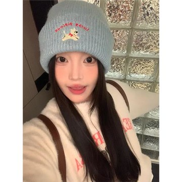 韓版ins可愛刺繡針織毛線帽女加厚保暖秋冬新款顯臉小包頭帽白色