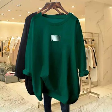 墨綠色2026新款純棉長袖T恤女中長款韓版寬松大碼上衣休閑打底衫