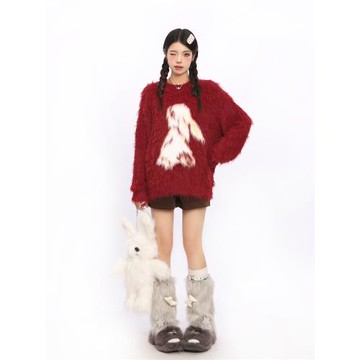 BIGGOLD美式2024紅色新年水貂毛毛衣女秋冬兔子慵懶風針織衫上衣