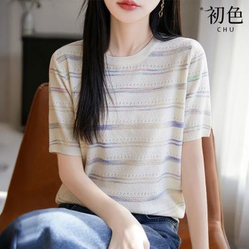 初色 薄款拼色條紋圓領短袖針織衫上衣女上衣-共4色-12448(M-3XL可選)