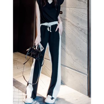 闊腿褲女春薄款褲子高腰休閑褲設計感黑白撞色垂感寬松顯瘦運動褲