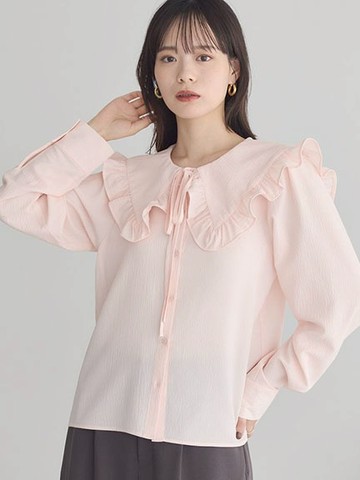 法式翻領荷葉邊綁帶造型長袖襯衫(01000700700) - earth music&ecology