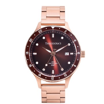 Aeon-緣 GMT兩地時區夜光潛水腕錶[小錶面] 紅面-鋼鍊帶玫金