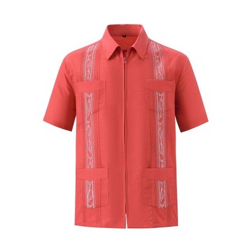 Pocket Embroidered Short Sleeve ZipShirt口袋繡花短袖拉鏈襯衫