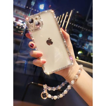 Phone12手機殼鏈條一體水鉆蘋果