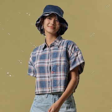 EDWIN｜女裝｜格紋寬短版短袖襯衫