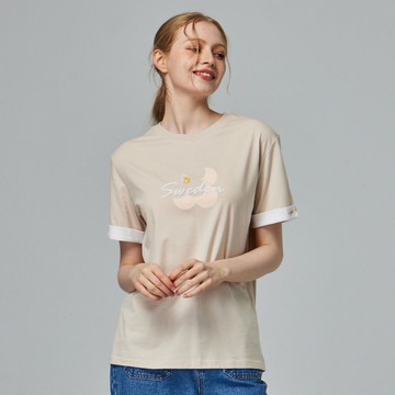 moz瑞典 駝鹿 花語駝鹿 舒適柔棉 100%純棉短T-袖口反摺刺繡-奶茶