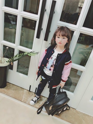 男女童撞色棒球服  童裝新款中小童寶寶寬松保暖上衣外套1入