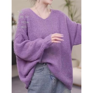 花斜歐貨重磅早秋新款女裝2025高級感紫色v領口設計感針織毛衣女