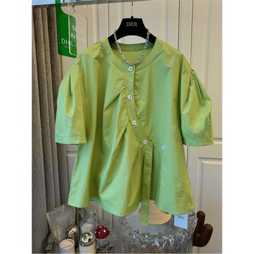 法式泡泡袖褶皺開叉斜扣氣質棉布短袖襯衫上衣女寬松2025夏季