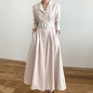 【白鳥麗子】連身裙 知性素色排釦收腰翻領長袖洋裝 店長推薦