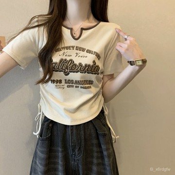 夏季短袖 大碼女裝 T恤女 美式T恤 復古上衣 辣妹裝 收腰顯瘦短袖 抽繩上衣 V領短袖 字母印花