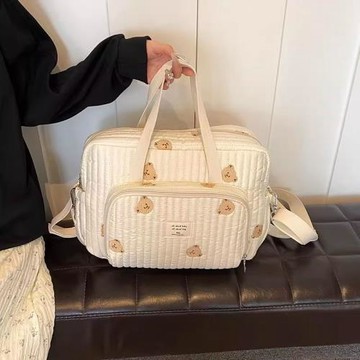 韓國ins小熊媽咪包時尚刺繡花朵手提包大容量母嬰外出遛娃旅行包