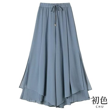 初色  褶皺高腰顯瘦雪紡九分寬褲-共4色-62813(M-XL可選)