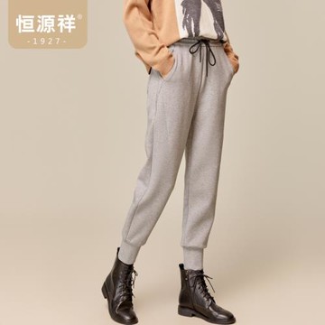 恒源祥灰色運動褲女秋冬寬松棉質束腳長褲子松緊高腰休閑重磅衛褲