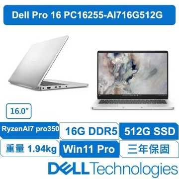 DELL戴爾 PRO PC16255-AI716G512G I 16吋輕薄AMD商務筆電特仕升級24G (AI7 Pro-350/24G/512GB/鉑金銀)