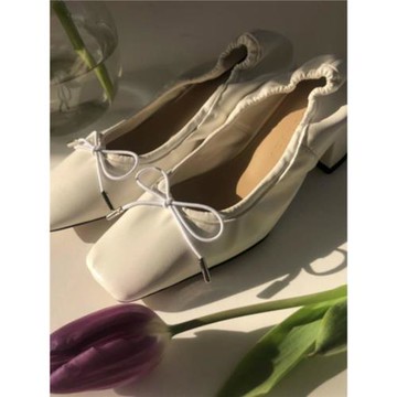 衣玲東大門女鞋甜美方頭松緊帶蝴蝶結淺口單鞋粗跟中跟套腳