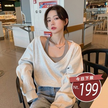 【台灣發貨】韓版寬鬆V領假兩件運動風薄款長袖上衣 長袖上衣 長袖t恤 衣服 女裝 上衣【W343】