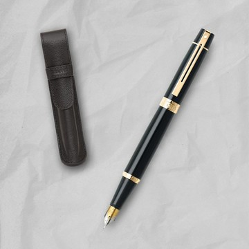 SHEAFFER  300系列黑桿金夾鋼筆-F尖+皮革筆袋/手機磁性卡夾禮盒