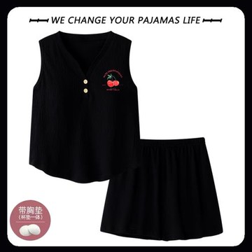2025年帶胸墊背心睡衣女夏季純棉薄款無袖短褲寬松大碼家居服套裝