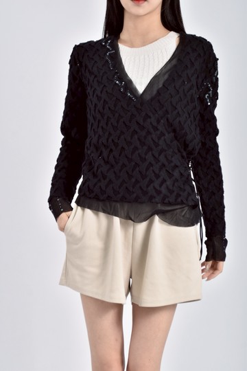 (M) zelda亮片微透膚黑色長袖上衣