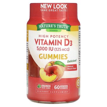 Nature's Truth, 維生素 D3，優效，天然桃子，5,000 國際單位（125 微克），60 粒素食軟糖