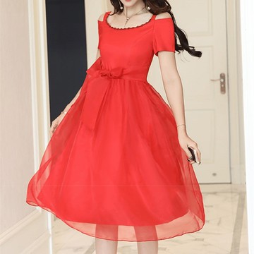 宴會 露肩細吊帶短袖拼接雪紡綁腰帶洋裝 (橘紅色 ) 11952057