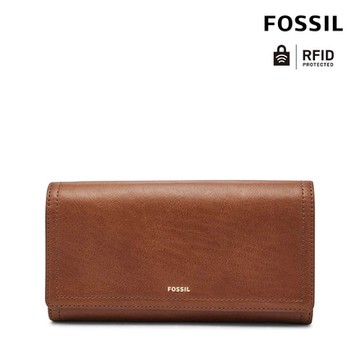 FOSSIL Logan 三折真皮拉鍊RFID長夾-咖啡色 SL7833200