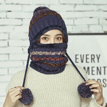 秋冬保暖加絨三毛球拼色針織帽子圍脖女兩件套加厚騎車護耳毛線帽1入