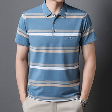 真口袋男士翻領中老年短袖條紋時尚休閒POLO衫寬鬆肥佬商務保羅衫