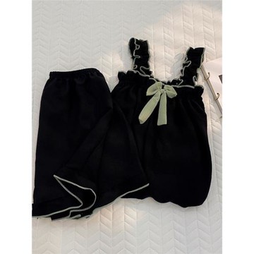 黑色吊帶短褲睡衣女夏季純棉泡泡棉韓版可愛甜美蝴蝶結家居服套裝