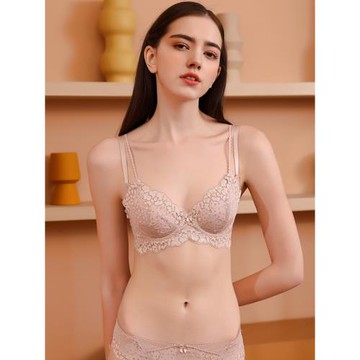 女士大胸顯小文胸美背細肩帶薄款法式超薄內衣夏季蕾絲有鋼圈套裝