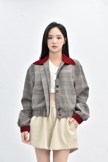 (L) 【catherine私服】tongyyuu質感絨布長袖翻領格紋棕色外套