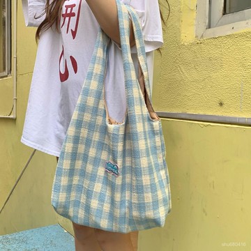 【全店免運 特價五折】帆布包女新款包包格紋小清新通懃託特大容量百搭單肩學生購物袋帆布挎包  防水 大容量側背包