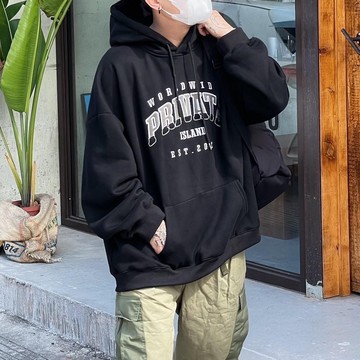 【AMERO】男裝 女裝 長袖連帽Ｔ恤 貼布繡爬線英文字 情侶裝