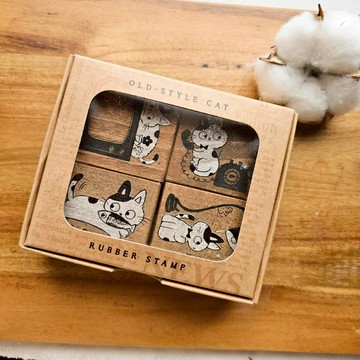 【 Micia 美日手藝館 】復古染木貓貓盒裝印章4入組