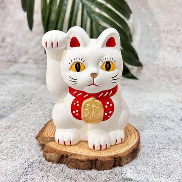 【日本製加藤陶器】瀨戶燒手繪陶瓷招財貓-花紋白