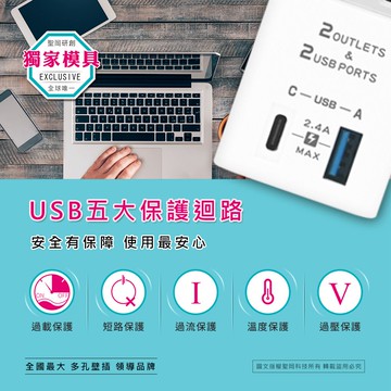 【聖岡科技Dr.AV】TNT-56U 雙USB+2孔2插 分接插座2.4A(急速充電 自動IC識別app可用 分接器 壁插)