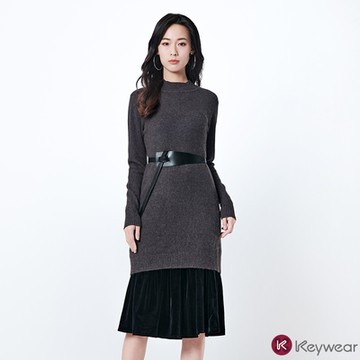 KeyWear奇威名品    絨布拼接針織長袖洋裝-深灰色