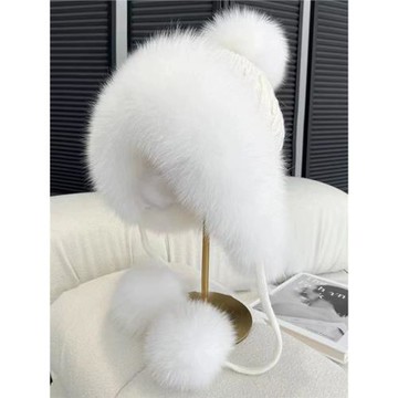 冬季新款狐貍毛帽子女針織毛球雷鋒帽甜美可愛護耳保暖加厚防寒帽